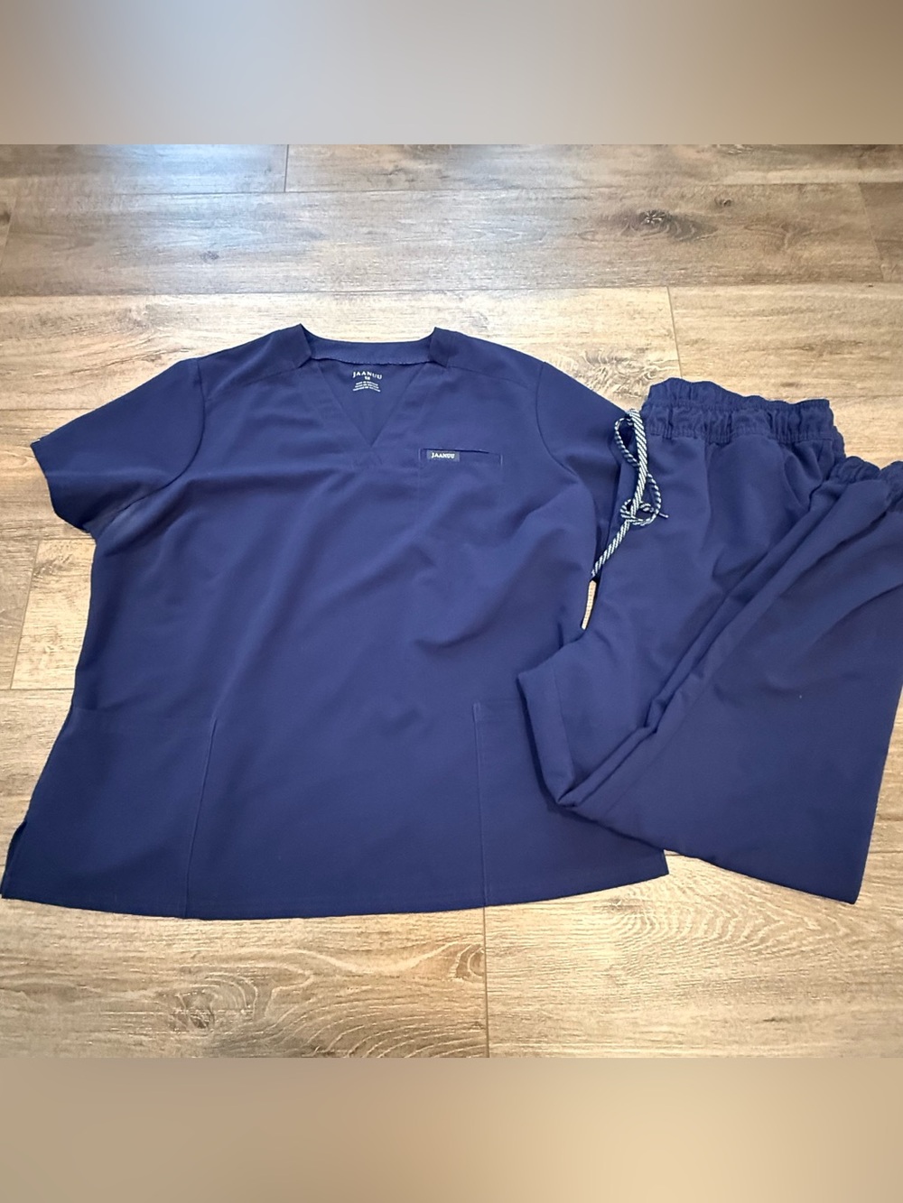 Jaanuu Navy Blue Scrub Set Joggers, V-neck Top, 1X
